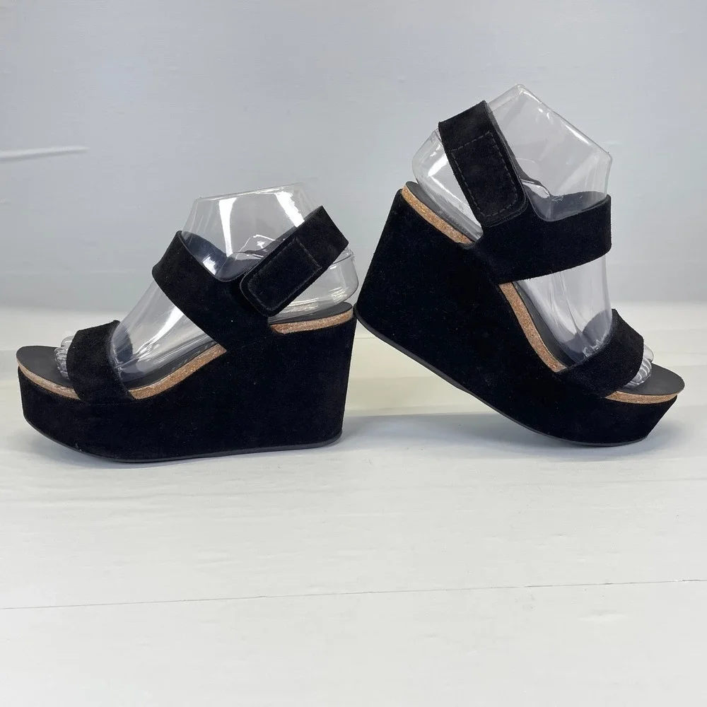 Pedro Garcia Platform Wedge Sandals Womens Size 36.5 US 6.5 Black Suede Shoes